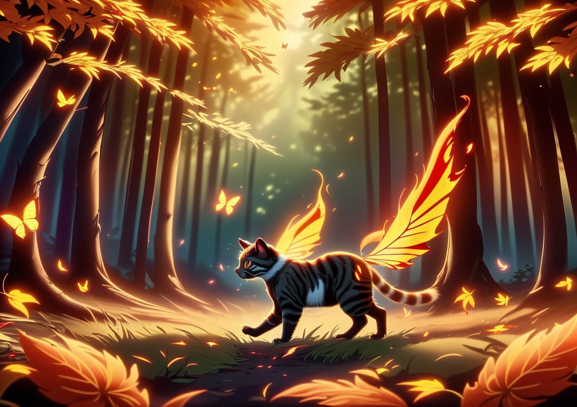 1civet cat walks to right in the forest,have wings,orange fire,flowing feathers, chrysanthemum butterfly,golden leaves,background light is evenly distributed,there is fire in the lower right corner of the screen,forest fire background,burning ground,fire everywhere,orange light butterflys everywhere