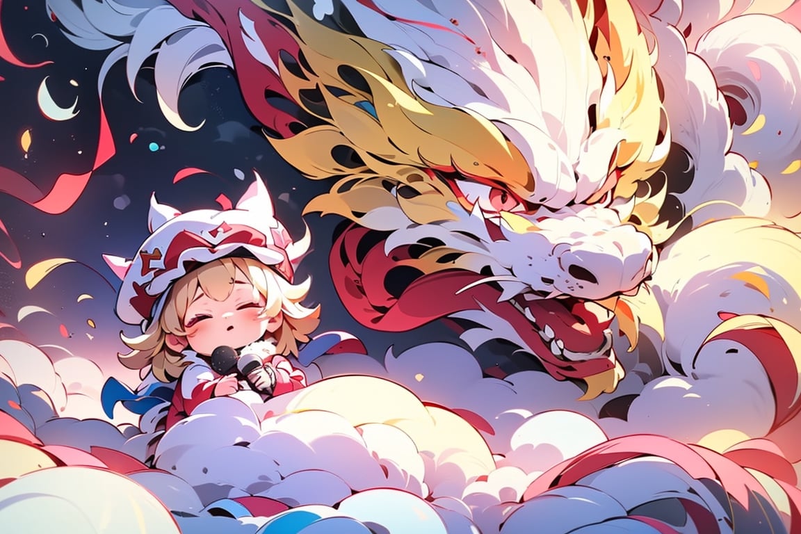 vtuber,Blonde girl,short hair,ruby-like eyes,red eyes,long red eyelashes,red lips, wearing a red snow hat with a white fur ball on the top,a purple starfish on the hat,white fur on the edge of the hat,and a red coat,coat with gold buttons,green skirt,green bow on the neck,green sneakers,gold laces,singing in front of microphone,holding a sleeping furry white cat,white cat wearing a pink bow on its head,surrounded by bubbles,shining point,concert,colorful stage lighting,no people,Tetris game background