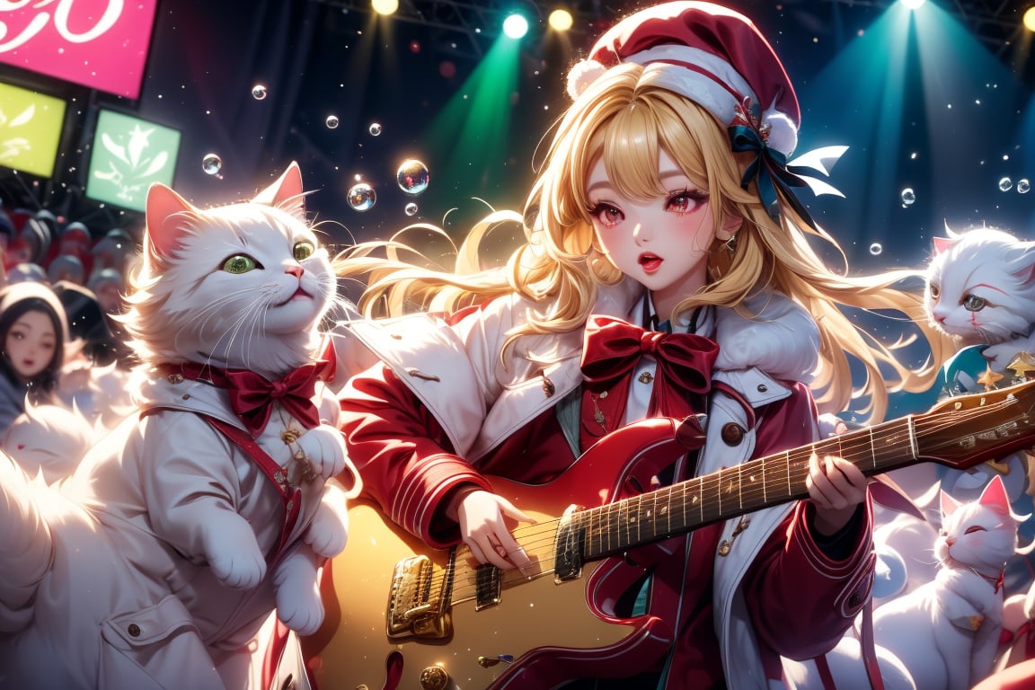 Blonde girl,singing,playing electric guitar,long hair,red eyes,long red eyelashes,red lips,wearing a red snow hat with a white fur ball on the top,a purple starfish on the hat,white fur on the edge of the hat,and a red coat,coat with gold buttons,green skirt,green bow on the neck,green sneakers,gold laces, no gloves,singing in front of microphone,sleeping furry white cat audience,white cat wearing a pink bow on head,surrounded by bubbles,shining point,concert,colorful stage lighting,no people,Tetris game background,anime