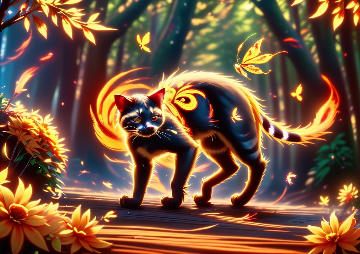 1civet cat walks to right in the forest,orange fire,flowing feathers, chrysanthemum butterfly,golden leaves,background light is evenly distributed,there is fire in the lower right corner of the screen,forest fire background,burning ground