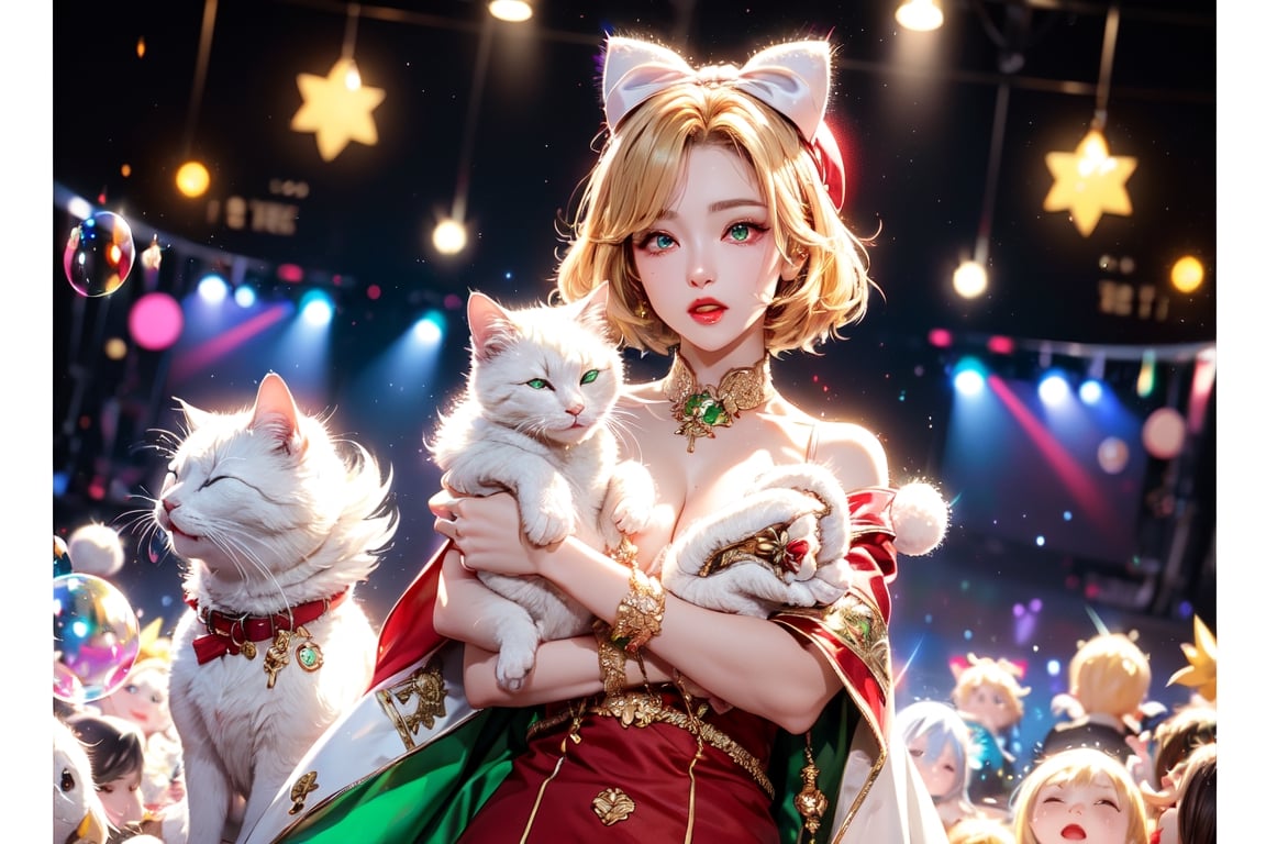 vtuber,Blonde girl,short hair,ruby-like eyes,red eyes,long red eyelashes,red lips, wearing a red snow hat with a white fur ball on the top,a purple starfish on the hat,white fur on the edge of the hat,and a red coat,coat with gold buttons,green skirt,green bow on the neck,green sneakers,gold laces,singing in front of microphone,holding a sleeping furry white cat,white cat wearing a pink bow on its head,surrounded by bubbles,shining point,concert,colorful stage lighting,no people,Tetris game background