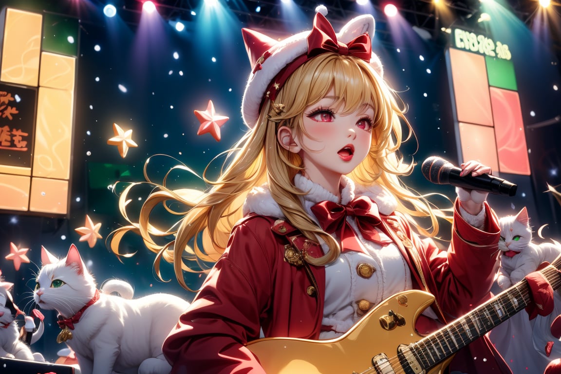 Blonde girl,singing,playing electric guitar,long hair,red eyes,long red eyelashes,red lips,wearing a red snow hat with a white fur ball on the top,a purple starfish on the hat,white fur on the edge of the hat,and a red coat,coat with gold buttons,green skirt,green bow on the neck,green sneakers,gold laces, no gloves,singing in front of microphone,sleeping furry white cat audience,white cat wearing a pink bow on head,surrounded by bubbles,shining point,concert,colorful stage lighting,no people,Tetris game background,anime