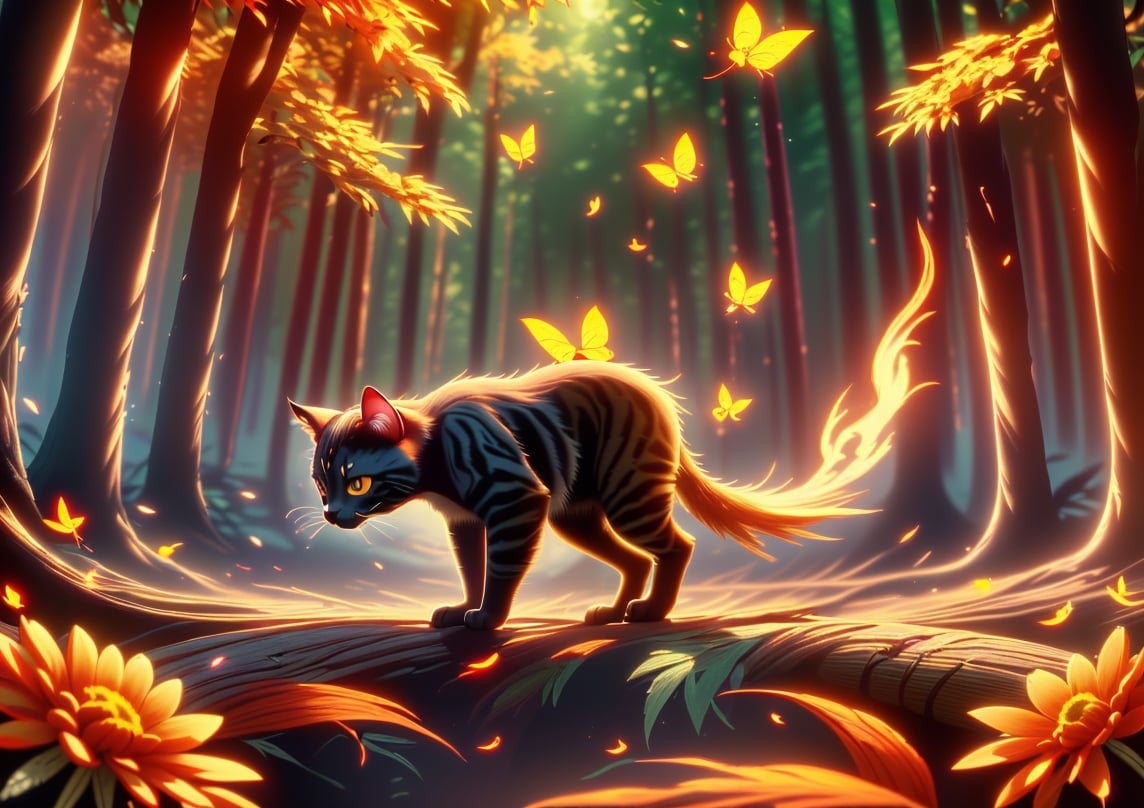 1civet cat walks to right in the forest,have wings,orange fire,flowing feathers, chrysanthemum butterfly,golden leaves,background light is evenly distributed,there is fire in the lower right corner of the screen,forest fire background,burning ground,fire everywhere,orange light butterflys everywhere