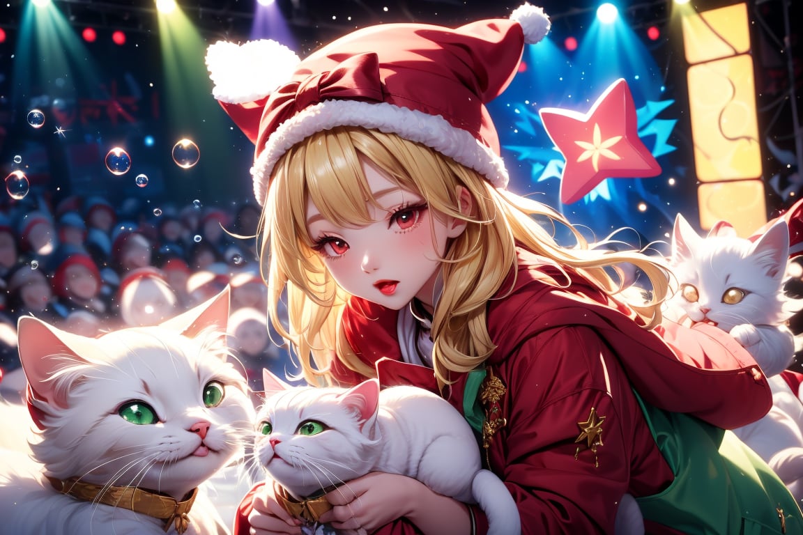 Blonde girl,singing,playing electric guitar,long hair,red eyes,long red eyelashes,red lips,wearing a red snow hat with a white fur ball on the top,a purple starfish on the hat,white fur on the edge of the hat,and a red coat,coat with gold buttons,green skirt,green bow on the neck,green sneakers,gold laces, no gloves,singing in front of microphone,sleeping furry white cat audience,white cat wearing a pink bow on head,surrounded by bubbles,shining point,concert,colorful stage lighting,no people,Tetris game background,anime