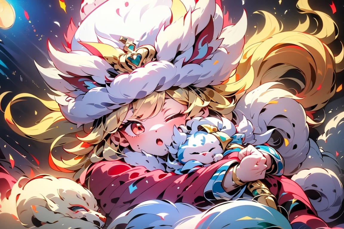 vtuber,Blonde girl,short hair,ruby-like eyes,red eyes,long red eyelashes,red lips, wearing a red snow hat with a white fur ball on the top,a purple starfish on the hat,white fur on the edge of the hat,and a red coat,coat with gold buttons,green skirt,green bow on the neck,green sneakers,gold laces,singing in front of microphone,holding a sleeping furry white cat,white cat wearing a pink bow on its head,surrounded by bubbles,shining point,concert,colorful stage lighting,no people,Tetris game background