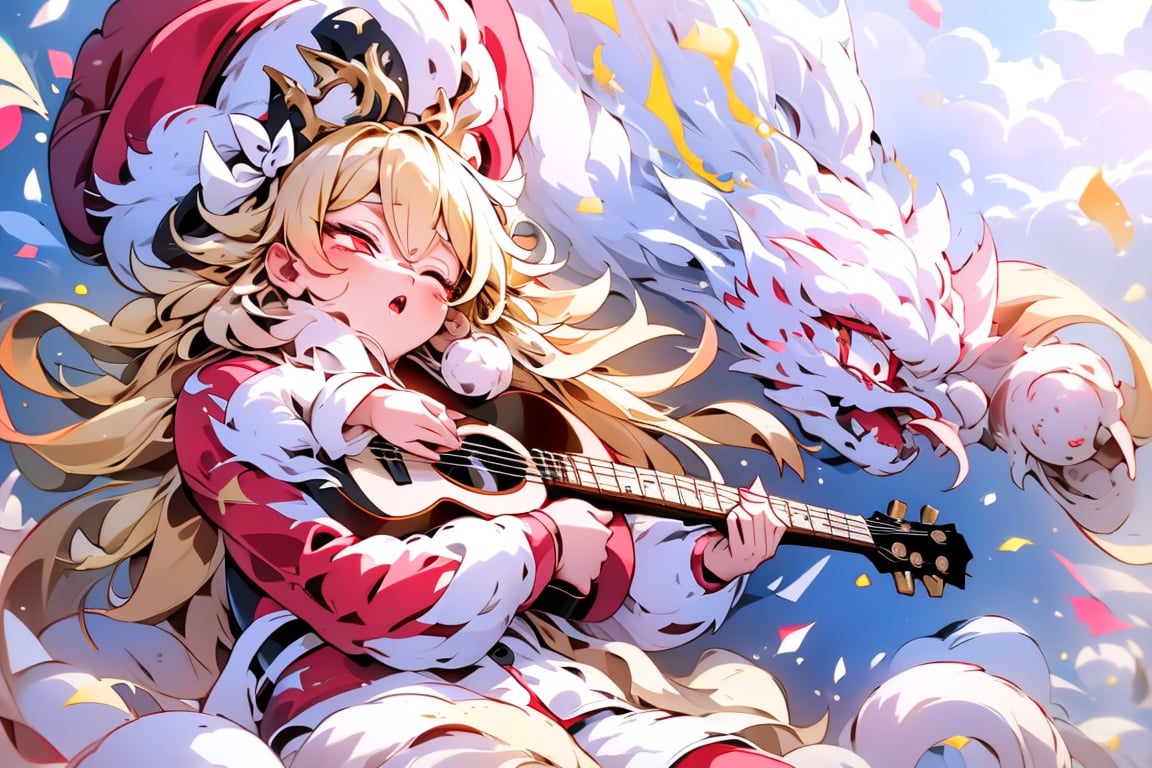 solo,Blonde woman,singing,playing electric guitar,short hair,red eyes,long red eyelashes,red lips,wearing a red snow hat with a white fur ball on the top,a purple starfish on the hat,white fur on the edge of the hat,and a red coat,coat with gold buttons,green skirt,green bow on the neck,green sneakers,gold laces, no gloves,singing in front of microphone,sleeping furry white cat audience,white cat wearing a pink bow on head,surrounded by bubbles,shining point,concert,colorful stage lighting,no people,electric guitar