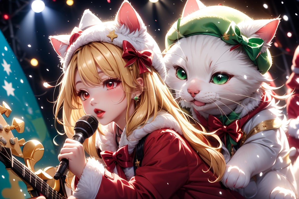 Blonde girl,singing,playing electric guitar,long hair,red eyes,long red eyelashes,red lips,wearing a red snow hat with a white fur ball on the top,a purple starfish on the hat,white fur on the edge of the hat,and a red coat,coat with gold buttons,green skirt,green bow on the neck,green sneakers,gold laces, no gloves,singing in front of microphone,sleeping furry white cat audience,white cat wearing a pink bow on head,surrounded by bubbles,shining point,concert,colorful stage lighting,no people,Tetris game background,anime