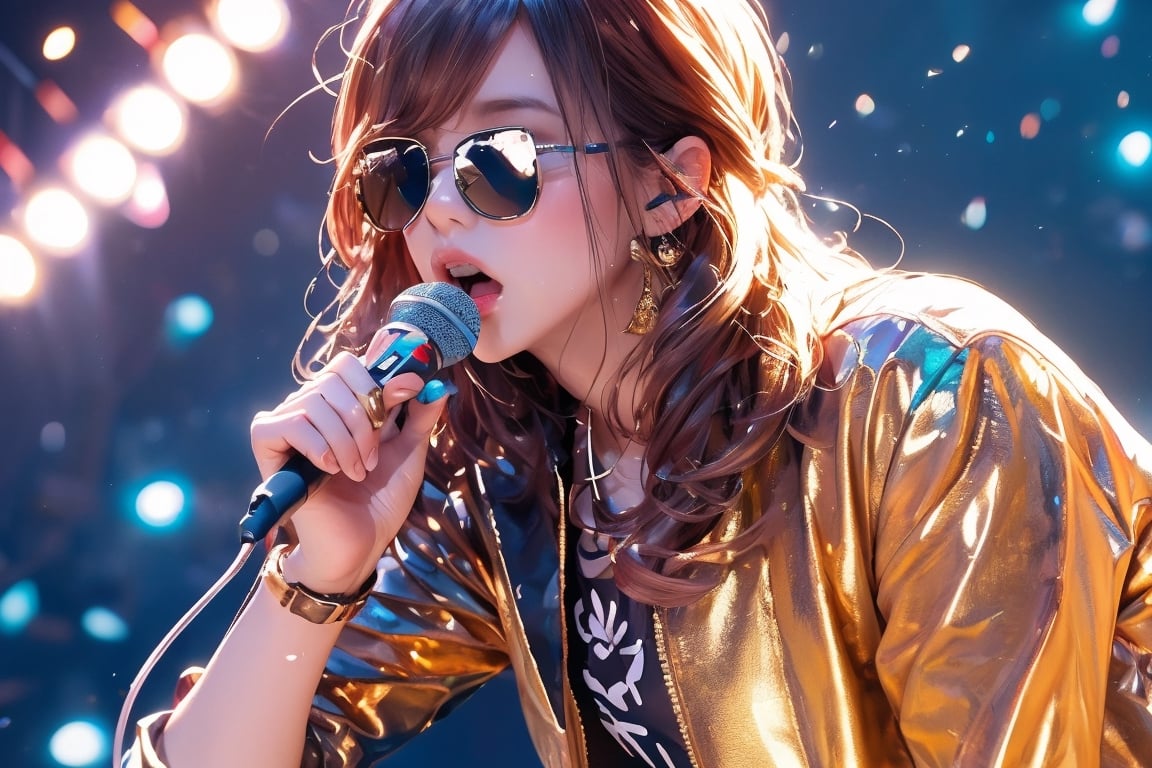 solo,1boy,closeup face,blue glowing aura,thick hair,orange hair,brown hair,gold frame sunglasses,red tie,red jacket,teal shorts,White shirt,a gold edge pocket on left side pants,white sneakers,right hand wearing a white square watch,white sneakers,singing in front of microphone,play electric guitar,universe background,cyan beam,fireflies,shining point,concert,colorful stage lighting,no people