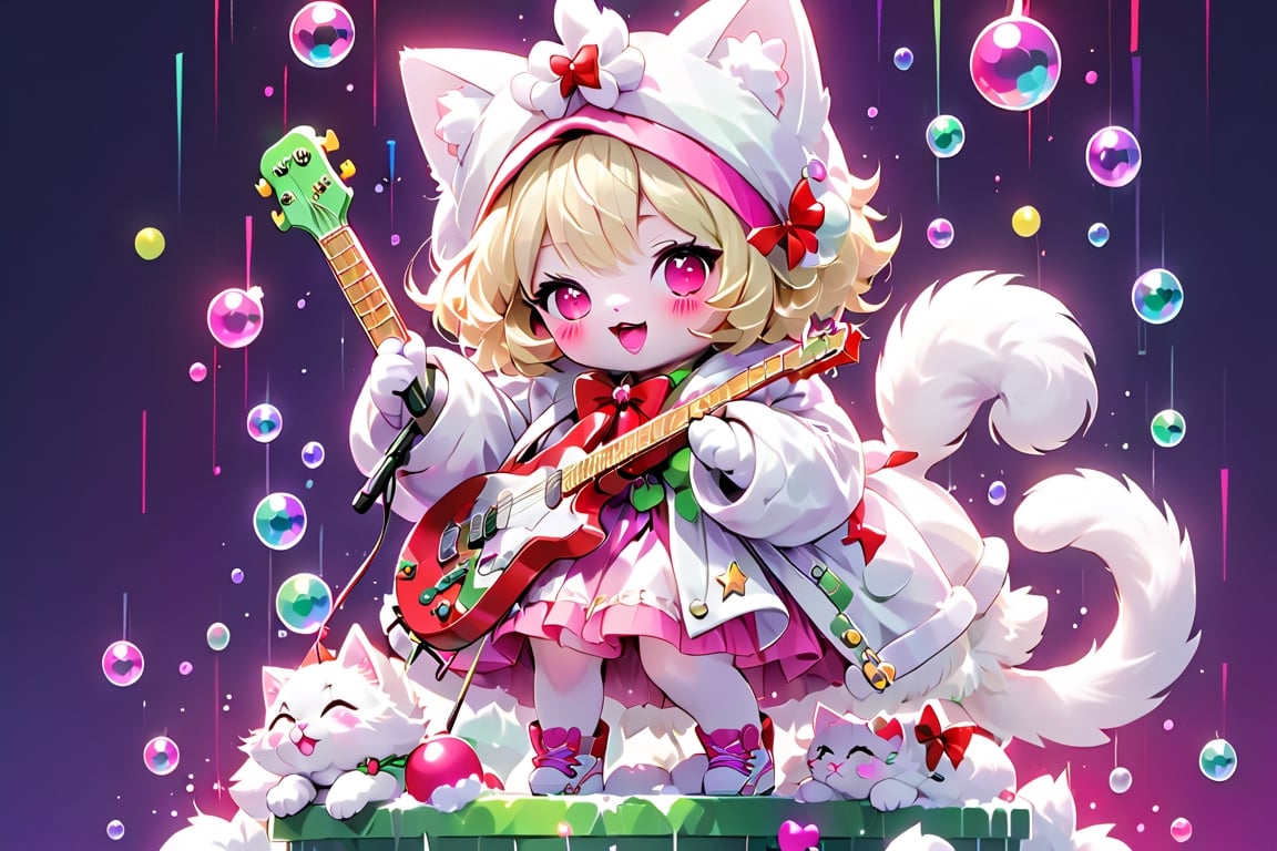 Blonde girls,playing electric guitar,short hair,red eyes,long red eyelashes,red lips,wearing a red snow hat with a white fur ball on the top,a purple starfish on the hat,white fur on the edge of the hat,and a red coat,coat with gold buttons,green skirt,green bow on the neck,green sneakers,gold laces, no gloves,singing in front of microphone,sleeping furry white cat audience,white cat wearing a pink bow on head,surrounded by bubbles,shining point,concert,colorful stage lighting,no people,Tetris game background,anime,naked bandage