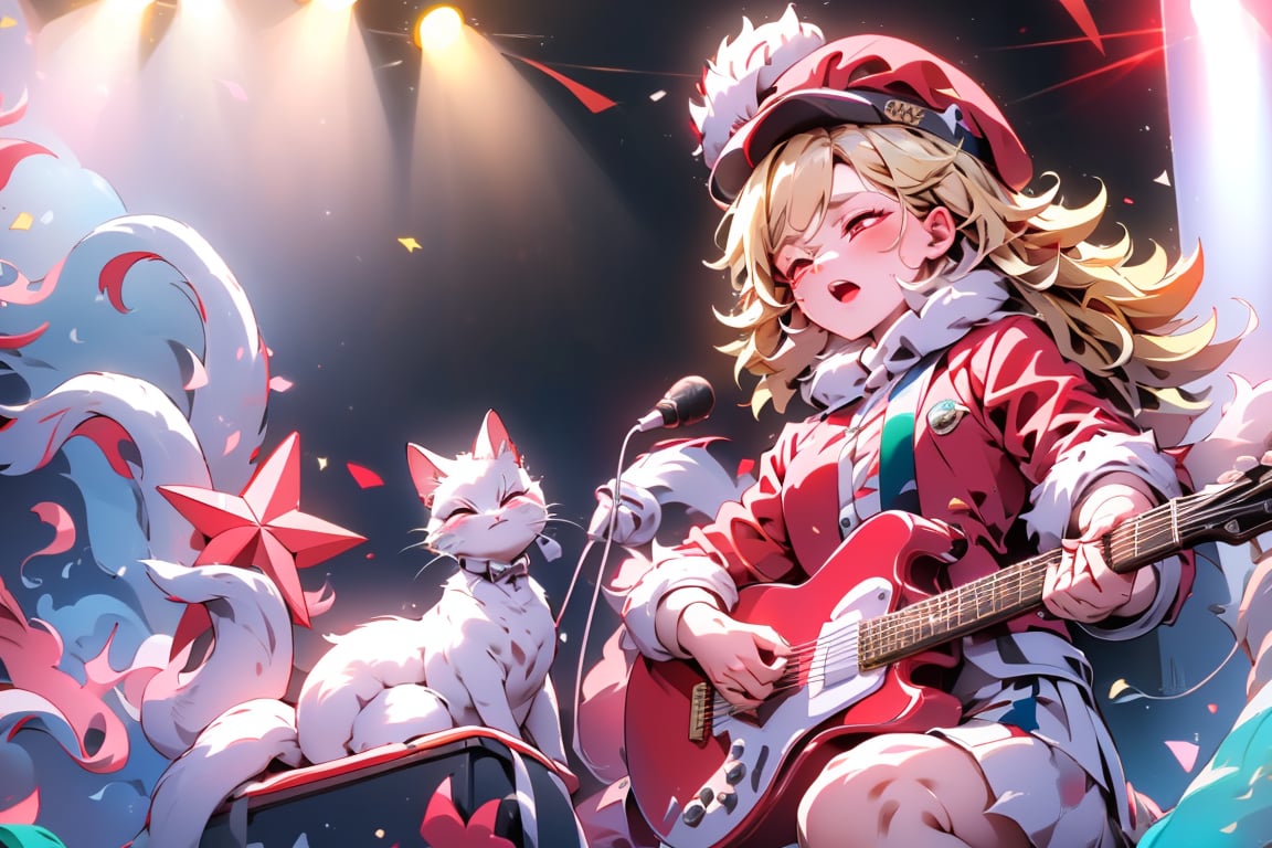 solo,Blonde woman,singing,playing electric guitar,short hair,red eyes,long red eyelashes,red lips,wearing a red snow hat with a white fur ball on the top,a purple starfish on the hat,white fur on the edge of the hat,and a red coat,coat with gold buttons,green skirt,green bow on the neck,green sneakers,gold laces, no gloves,singing in front of microphone,sleeping furry white cat audience,white cat wearing a pink bow on head,surrounded by bubbles,shining point,concert,colorful stage lighting,no people,electric guitar