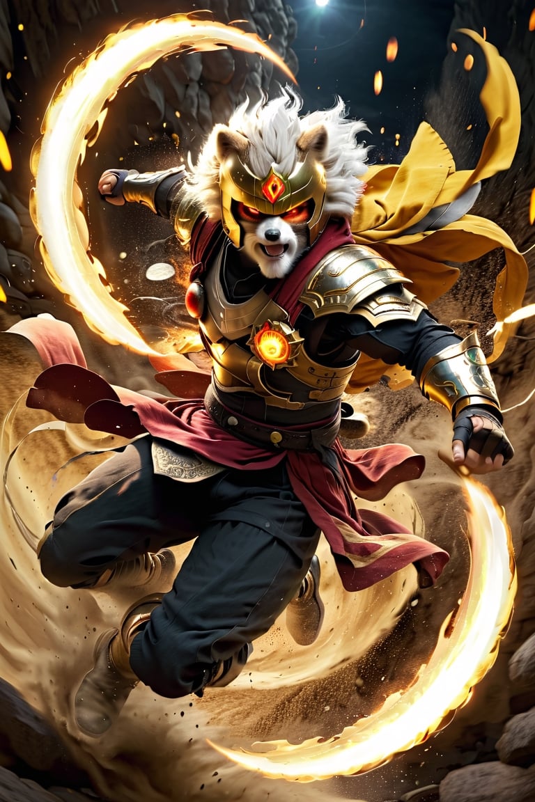 1Ninja tanuki,fighting,7 color Ninja outfit,7 color ancient alchemy God,holding cosmic ball,chanting,7 color shining ancient words everywhere,glowing mantra everywhere,luminous engraving everywhere,seal,strong style,sun king,sun halo,solo,special long white beard,long white eyebrows,gather lightning elixir in the palm of hand,king of glory,focused on  elixir,aim at pill,colorful skin,surrounded by flames,golden butterfly wings,emitting golden light,wearing golden bib short with no shoulder strap on left shoulder,no humans,flame,beam,fire alchemy furnace,thunder pill,crystal cave,crystal background,diamond,gem,tanuki,no human