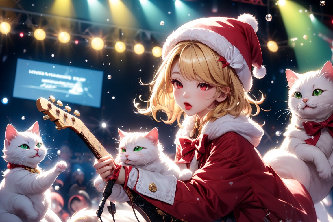 Blonde girl,singing,playing electric guitar,short hair,red eyes,long red eyelashes,red lips,wearing a red snow hat with a white fur ball on the top,a purple starfish on the hat,white fur on the edge of the hat,and a red coat,coat with gold buttons,green skirt,green bow on the neck,green sneakers,gold laces, no gloves,singing in front of microphone,sleeping furry white cat audience,white cat wearing a pink bow on head,surrounded by bubbles,shining point,concert,colorful stage lighting,no people,Tetris game background,anime