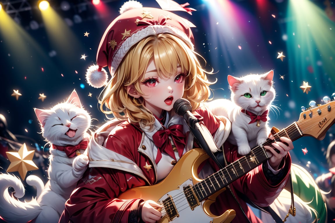 Blonde girl,singing,playing electric guitar,short hair,red eyes,long red eyelashes,red lips,wearing a red snow hat with a white fur ball on the top,a purple starfish on the hat,white fur on the edge of the hat,and a red coat,coat with gold buttons,green skirt,green bow on the neck,green sneakers,gold laces, no gloves,singing in front of microphone,sleeping furry white cat audience,white cat wearing a pink bow on head,surrounded by bubbles,shining point,concert,colorful stage lighting,no people,Tetris game background,anime