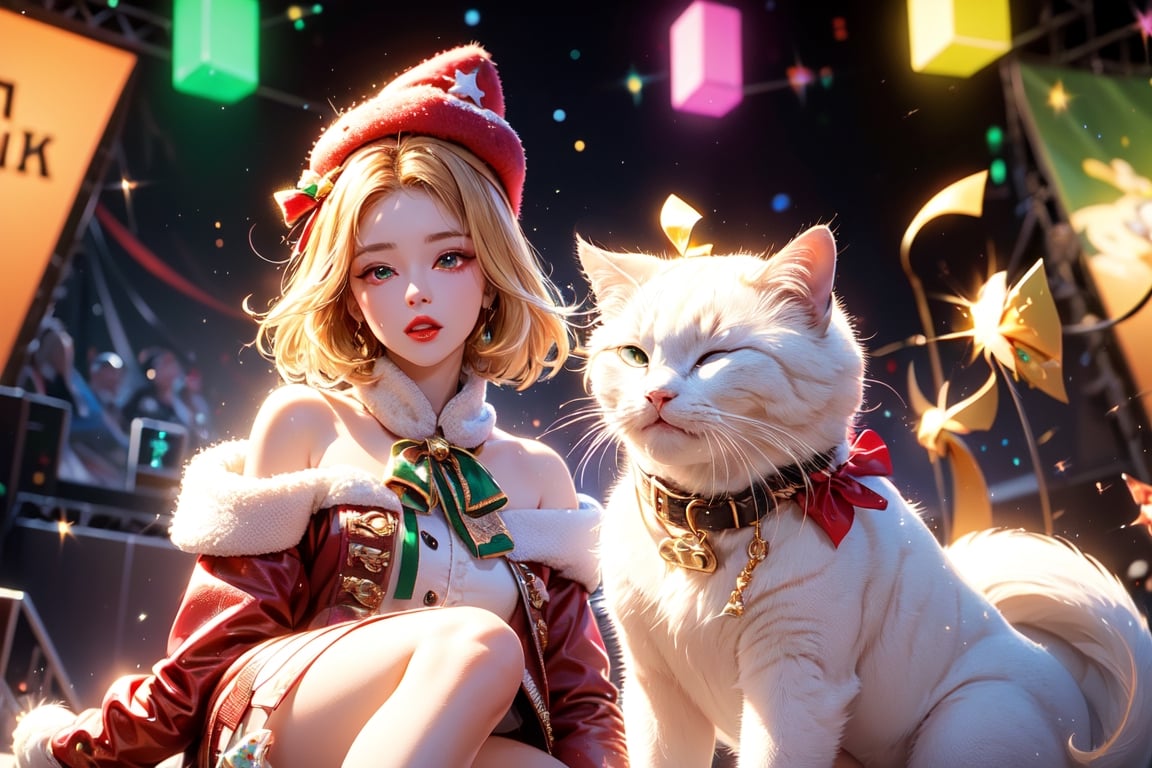 vtuber,Blonde girl,short hair,ruby-like eyes,red eyes,long red eyelashes,red lips, wearing a red snow hat with a white fur ball on the top,a purple starfish on the hat,white fur on the edge of the hat,and a red coat,coat with gold buttons,green skirt,green bow on the neck,green sneakers,gold laces,singing in front of microphone,holding a sleeping furry white cat,white cat wearing a pink bow on its head,surrounded by bubbles,shining point,concert,colorful stage lighting,no people,Tetris game background