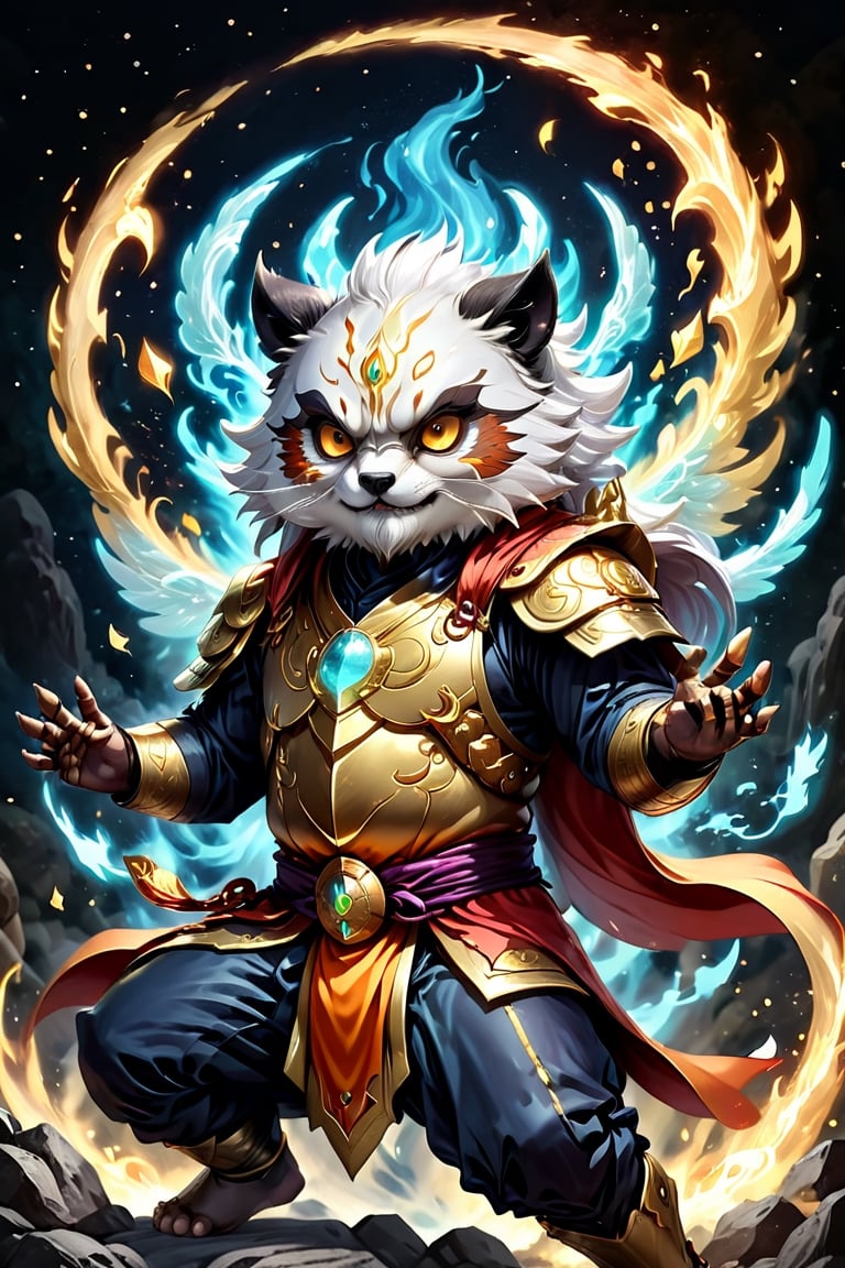 1Ninja tanuki,fighting,7 color Ninja outfit,7 color ancient alchemy God,holding cosmic ball,chanting,7 color shining ancient words everywhere,glowing mantra everywhere,luminous engraving everywhere,seal,strong style,sun king,sun halo,solo,special long white beard,long white eyebrows,gather lightning elixir in the palm of hand,king of glory,focused on  elixir,aim at pill,colorful skin,surrounded by flames,golden butterfly wings,emitting golden light,wearing golden bib short with no shoulder strap on left shoulder,no humans,flame,beam,fire alchemy furnace,thunder pill,crystal cave,crystal background,diamond,gem,tanuki,no human