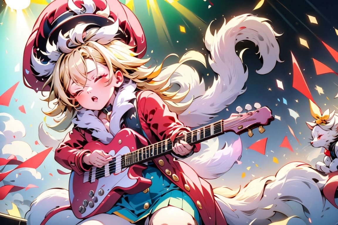 solo,Blonde woman,singing,playing electric guitar,short hair,red eyes,long red eyelashes,red lips,wearing a red snow hat with a white fur ball on the top,a purple starfish on the hat,white fur on the edge of the hat,and a red coat,coat with gold buttons,green skirt,green bow on the neck,green sneakers,gold laces, no gloves,singing in front of microphone,sleeping furry white cat audience,white cat wearing a pink bow on head,surrounded by bubbles,shining point,concert,colorful stage lighting,no people,electric guitar