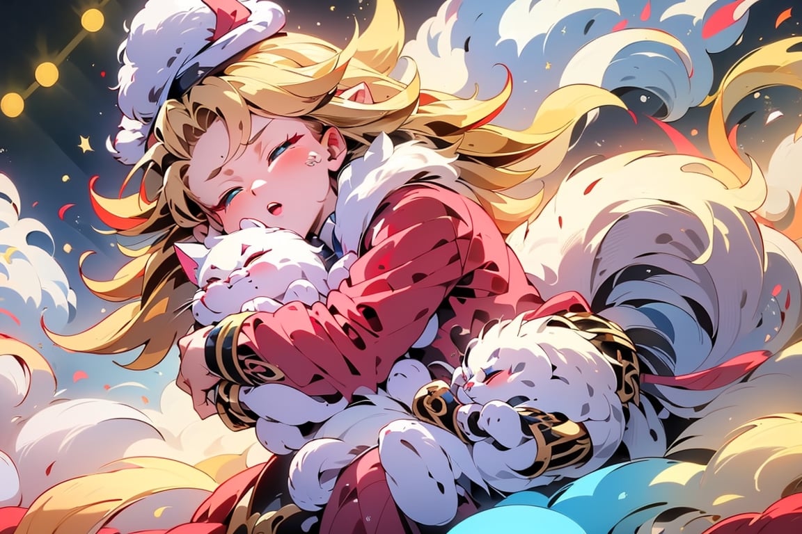 vtuber,Blonde girl,short hair,ruby-like eyes,red eyes,long red eyelashes,red lips, wearing a red snow hat with a white fur ball on the top,a purple starfish on the hat,white fur on the edge of the hat,and a red coat,coat with gold buttons,green skirt,green bow on the neck,green sneakers,gold laces,singing in front of microphone,holding a sleeping furry white cat,white cat wearing a pink bow on its head,surrounded by bubbles,shining point,concert,colorful stage lighting,no people,Tetris game background