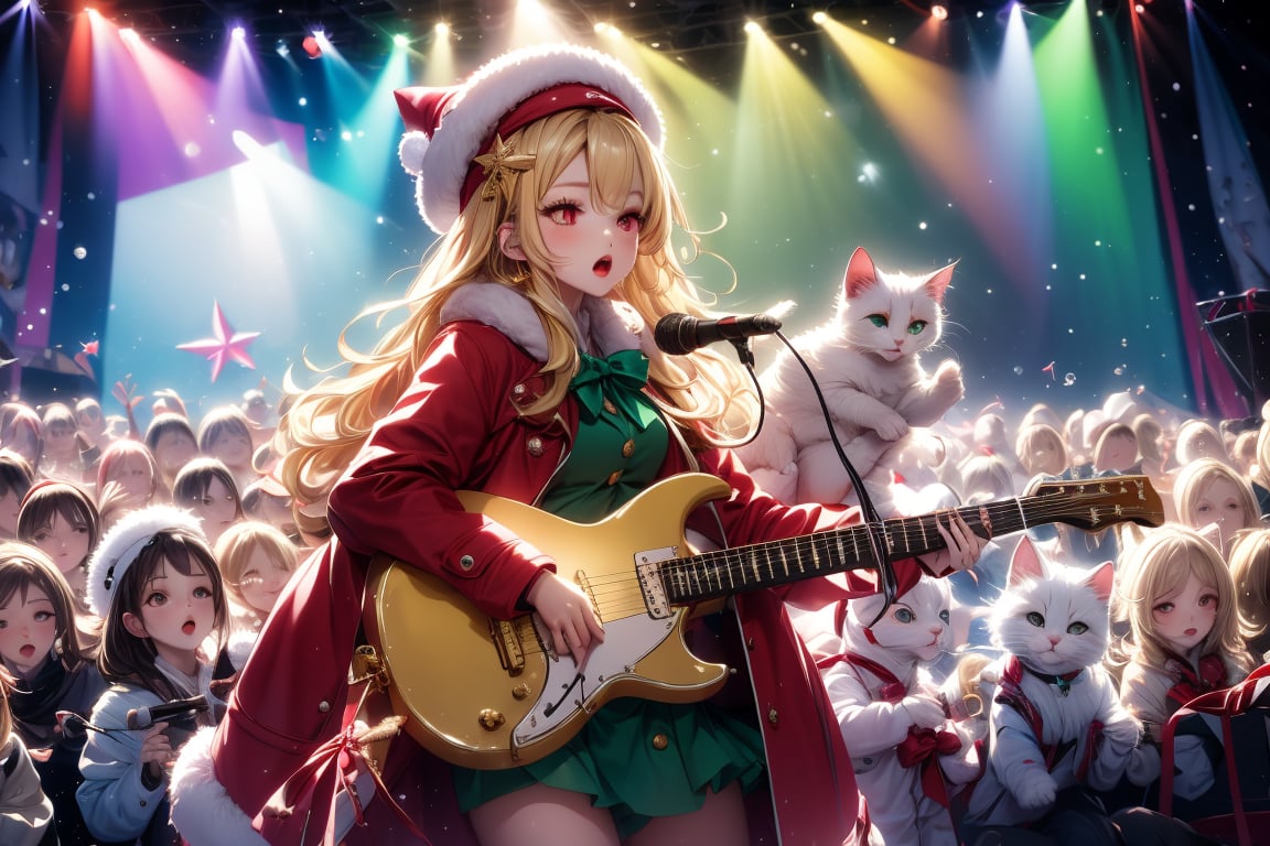 Blonde girl,singing,playing electric guitar,long hair,red eyes,long red eyelashes,red lips,wearing a red snow hat with a white fur ball on the top,a purple starfish on the hat,white fur on the edge of the hat,and a red coat,coat with gold buttons,green skirt,green bow on the neck,green sneakers,gold laces, no gloves,singing in front of microphone,sleeping furry white cat audience,white cat wearing a pink bow on head,surrounded by bubbles,shining point,concert,colorful stage lighting,no people,Tetris game background,anime