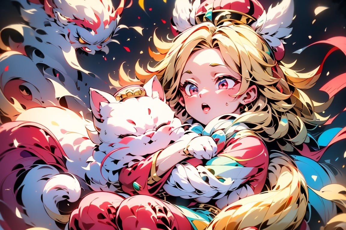 vtuber,Blonde girl,short hair,ruby-like eyes,red eyes,long red eyelashes,red lips, wearing a red snow hat with a white fur ball on the top,a purple starfish on the hat,white fur on the edge of the hat,and a red coat,coat with gold buttons,green skirt,green bow on the neck,green sneakers,gold laces,singing in front of microphone,holding a sleeping furry white cat,white cat wearing a pink bow on its head,surrounded by bubbles,shining point,concert,colorful stage lighting,no people,Tetris game background