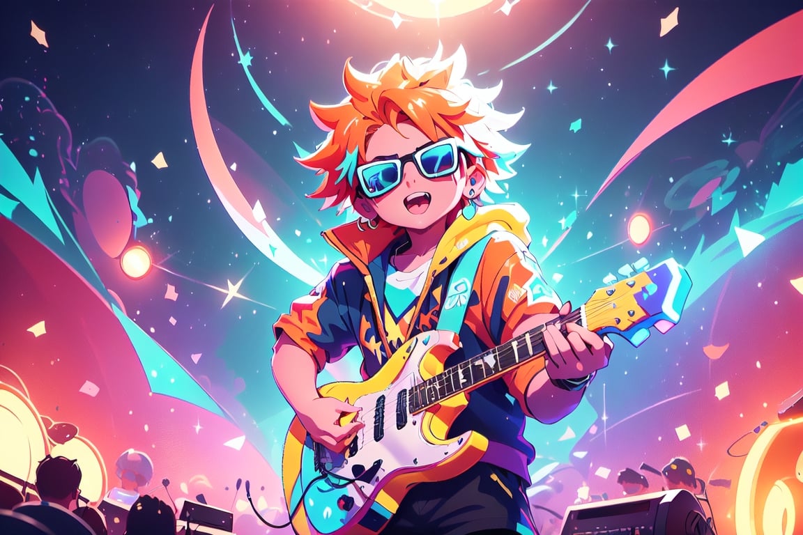 solo,1boy,closeup face,blue glowing aura,thick hair,orange hair,brown hair,gold frame sunglasses,red tie,red jacket,teal shorts,White shirt,a gold edge pocket on left side pants,white sneakers,right hand wearing a white square watch,white sneakers,singing in front of microphone,play electric guitar,universe background,cyan beam,fireflies,shining point,concert,colorful stage lighting,no people