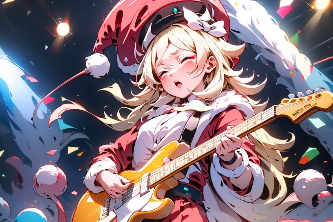 solo,Blonde woman,singing,playing electric guitar,short hair,red eyes,long red eyelashes,red lips,wearing a red snow hat with a white fur ball on the top,a purple starfish on the hat,white fur on the edge of the hat,and a red coat,coat with gold buttons,green skirt,green bow on the neck,green sneakers,gold laces, no gloves,singing in front of microphone,sleeping furry white cat audience,white cat wearing a pink bow on head,surrounded by bubbles,shining point,concert,colorful stage lighting,no people,electric guitar