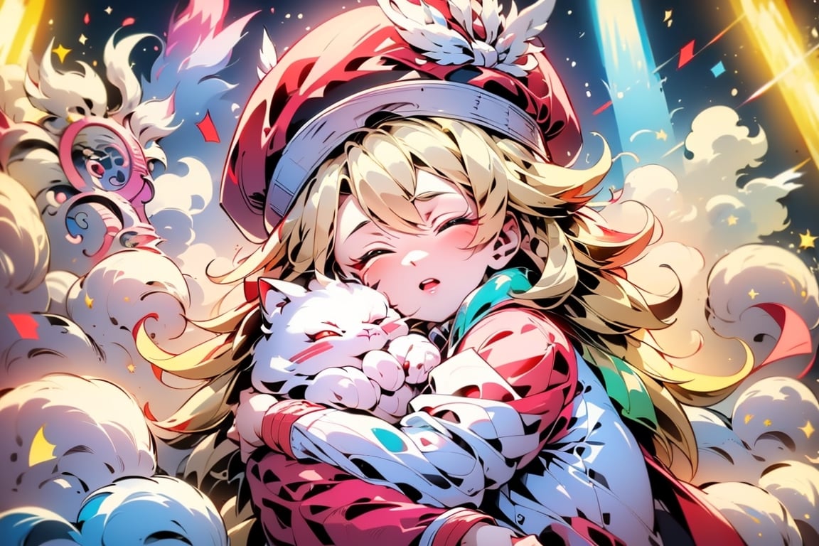 vtuber,Blonde girl,short hair,ruby-like eyes,red eyes,long red eyelashes,red lips, wearing a red snow hat with a white fur ball on the top,a purple starfish on the hat,white fur on the edge of the hat,and a red coat,coat with gold buttons,green skirt,green bow on the neck,green sneakers,gold laces,singing in front of microphone,holding a sleeping furry white cat,white cat wearing a pink bow on its head,surrounded by bubbles,shining point,concert,colorful stage lighting,no people,Tetris game background