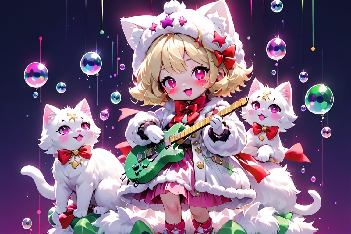 Blonde woman,playing electric guitar,short hair,red eyes,long red eyelashes,red lips,wearing a red snow hat with a white fur ball on the top,a purple starfish on the hat,white fur on the edge of the hat,and a red coat,coat with gold buttons,green skirt,green bow on the neck,green sneakers,gold laces, no gloves,singing in front of microphone,sleeping furry white cat audience,white cat wearing a pink bow on head,surrounded by bubbles,shining point,concert,colorful stage lighting,no people,Tetris game background,anime