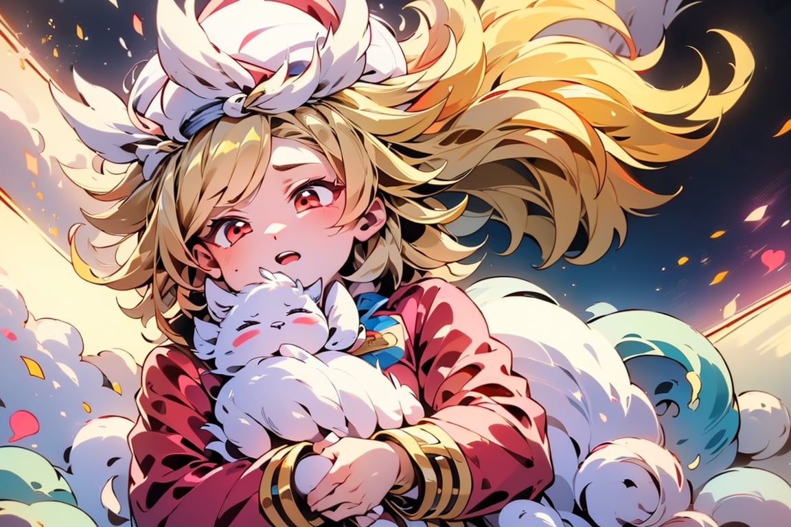 vtuber,Blonde girl,short hair,ruby-like eyes,red eyes,long red eyelashes,red lips, wearing a red snow hat with a white fur ball on the top,a purple starfish on the hat,white fur on the edge of the hat,and a red coat,coat with gold buttons,green skirt,green bow on the neck,green sneakers,gold laces,singing in front of microphone,holding a sleeping furry white cat,white cat wearing a pink bow on its head,surrounded by bubbles,shining point,concert,colorful stage lighting,no people,Tetris game background