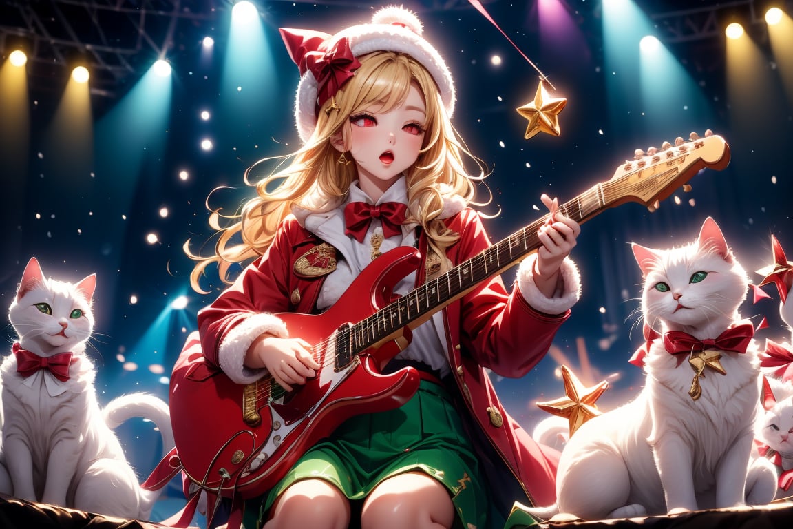 Blonde girl,singing,playing electric guitar,long hair,red eyes,long red eyelashes,red lips,wearing a red snow hat with a white fur ball on the top,a purple starfish on the hat,white fur on the edge of the hat,and a red coat,coat with gold buttons,green skirt,green bow on the neck,green sneakers,gold laces, no gloves,singing in front of microphone,sleeping furry white cat audience,white cat wearing a pink bow on head,surrounded by bubbles,shining point,concert,colorful stage lighting,no people,Tetris game background,anime