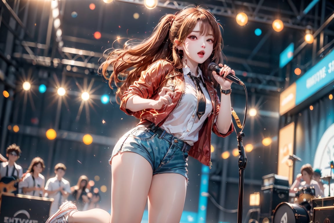 solo,1boy,closeup face,blue glowing aura,thick hair,orange hair,brown hair,gold frame sunglasses,red tie,red jacket,teal shorts,White shirt,a gold edge pocket on left side pants,white sneakers,right hand wearing a white square watch,white sneakers,singing in front of microphone,play electric guitar,universe background,cyan beam,fireflies,shining point,concert,colorful stage lighting,no people