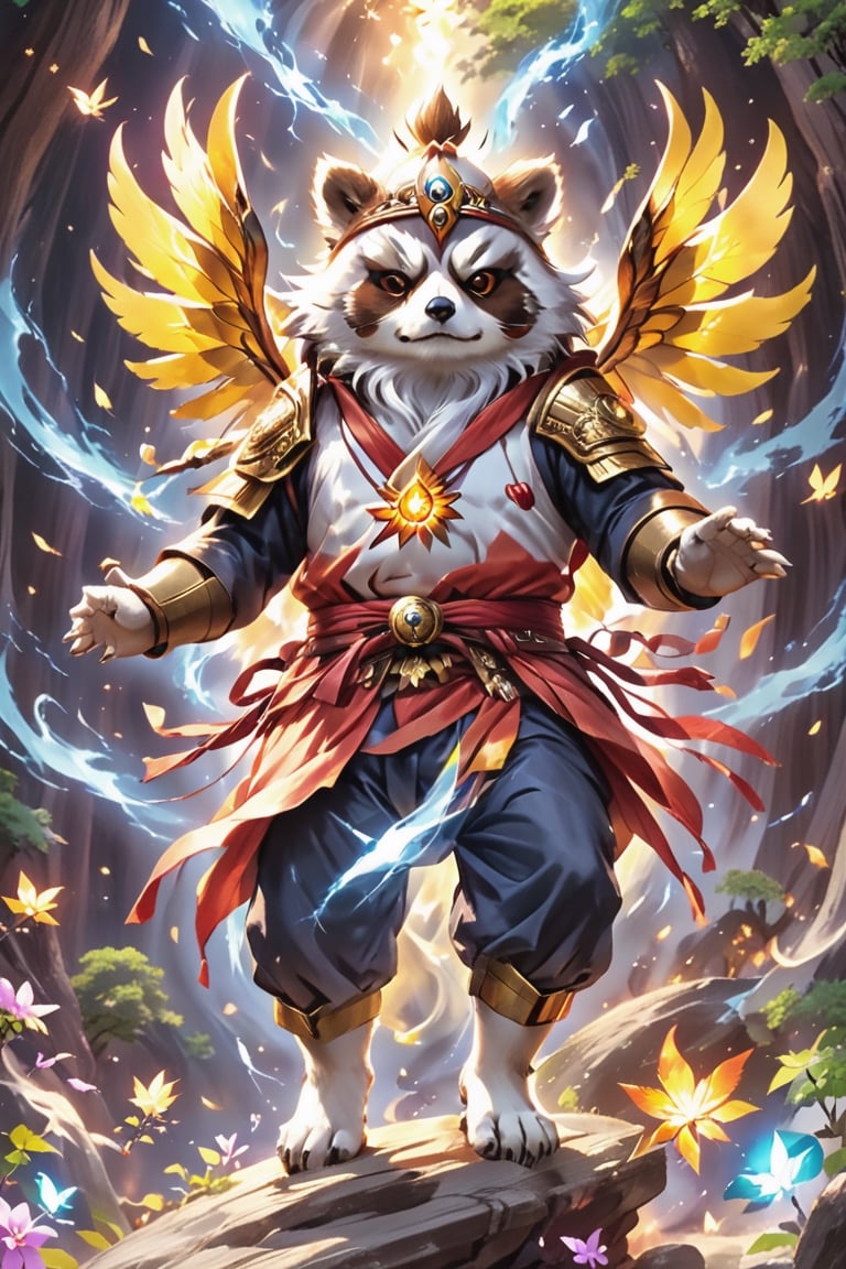 1Ninja tanuki,fighting,7 color Ninja outfit,7 color ancient alchemy God,holding cosmic ball,chanting,7 color shining ancient words everywhere,glowing mantra everywhere,luminous engraving everywhere,seal,strong style,sun king,sun halo,solo,special long white beard,long white eyebrows,gather lightning elixir in the palm of hand,king of glory,focused on  elixir,aim at pill,colorful skin,surrounded by flames,golden butterfly wings,emitting golden light,wearing golden bib short with no shoulder strap on left shoulder,no humans,flame,beam,fire alchemy furnace,thunder pill,crystal cave,crystal background,diamond,gem,tanuki,no human