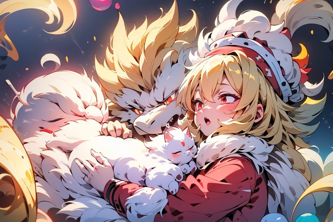 vtuber,Blonde girl,short hair,ruby-like eyes,red eyes,long red eyelashes,red lips, wearing a red snow hat with a white fur ball on the top,a purple starfish on the hat,white fur on the edge of the hat,and a red coat,coat with gold buttons,green skirt,green bow on the neck,green sneakers,gold laces,singing in front of microphone,holding a sleeping furry white cat,white cat wearing a pink bow on its head,surrounded by bubbles,shining point,concert,colorful stage lighting,no people,Tetris game background