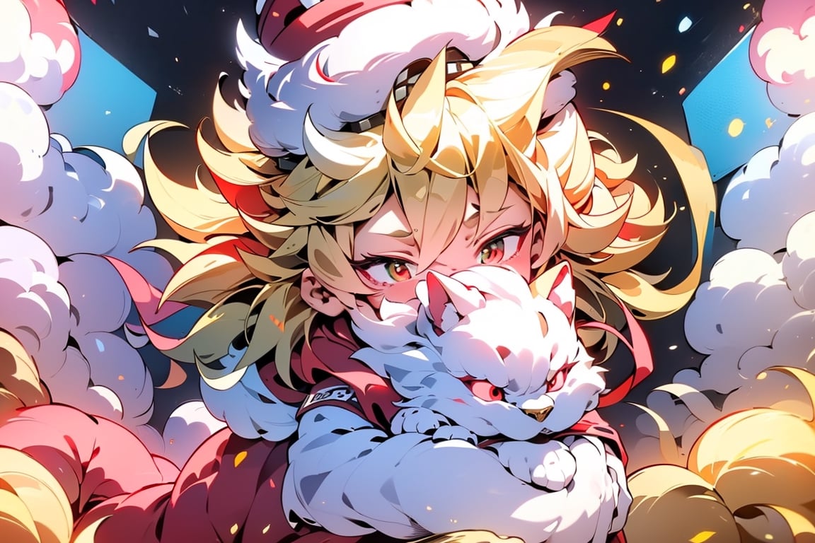 vtuber,Blonde girl,short hair,ruby-like eyes,red eyes,long red eyelashes,red lips, wearing a red snow hat with a white fur ball on the top,a purple starfish on the hat,white fur on the edge of the hat,and a red coat,coat with gold buttons,green skirt,green bow on the neck,green sneakers,gold laces,singing in front of microphone,holding a sleeping furry white cat,white cat wearing a pink bow on its head,surrounded by bubbles,shining point,concert,colorful stage lighting,no people,Tetris game background