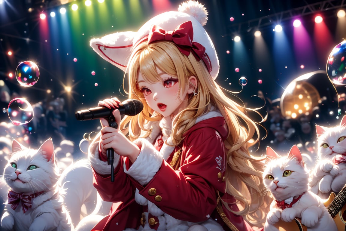 Blonde girl,singing,playing electric guitar,long hair,red eyes,long red eyelashes,red lips,wearing a red snow hat with a white fur ball on the top,a purple starfish on the hat,white fur on the edge of the hat,and a red coat,coat with gold buttons,green skirt,green bow on the neck,green sneakers,gold laces, no gloves,singing in front of microphone,sleeping furry white cat audience,white cat wearing a pink bow on head,surrounded by bubbles,shining point,concert,colorful stage lighting,no people,Tetris game background,anime