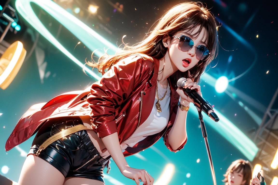 solo,1boy,closeup face,blue glowing aura,thick hair,orange hair,brown hair,gold frame sunglasses,red tie,red jacket,teal shorts,White shirt,a gold edge pocket on left side pants,white sneakers,right hand wearing a white square watch,white sneakers,singing in front of microphone,play electric guitar,universe background,cyan beam,fireflies,shining point,concert,colorful stage lighting,no people