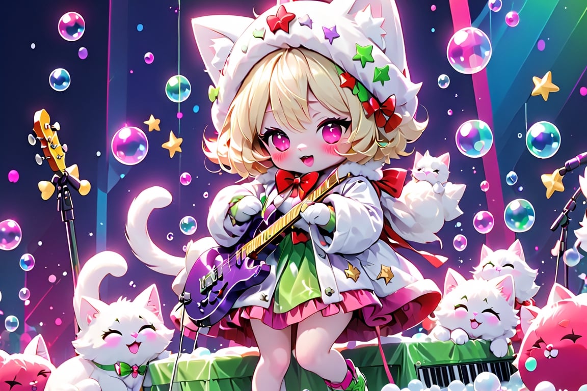 Blonde girls,playing electric guitar,short hair,red eyes,long red eyelashes,red lips,wearing a red snow hat with a white fur ball on the top,a purple starfish on the hat,white fur on the edge of the hat,and a red coat,coat with gold buttons,green skirt,green bow on the neck,green sneakers,gold laces, no gloves,singing in front of microphone,sleeping furry white cat audience,white cat wearing a pink bow on head,surrounded by bubbles,shining point,concert,colorful stage lighting,no people,Tetris game background,anime,naked bandage