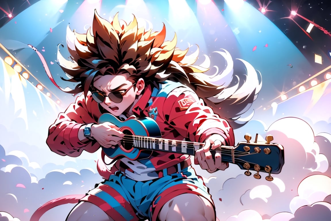 solo,1boy,closeup face,blue glowing aura,thick hair,orange hair,brown hair,gold frame sunglasses,red tie,red jacket,teal shorts,White shirt,a gold edge pocket on left side pants,white sneakers,right hand wearing a white square watch,white sneakers,singing in front of microphone,play electric guitar,universe background,cyan beam,fireflies,shining point,concert,colorful stage lighting,no people