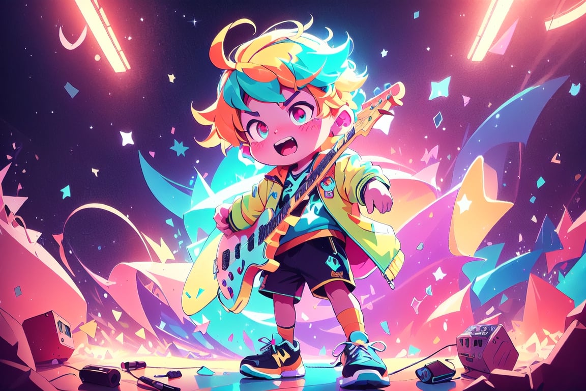 solo,1boy,closeup face,blue glowing aura,thick hair,orange hair,brown hair,gold frame sunglasses,red tie,red jacket,teal shorts,White shirt,a gold edge pocket on left side pants,white sneakers,right hand wearing a white square watch,white sneakers,singing in front of microphone,play electric guitar,universe background,cyan beam,fireflies,shining point,concert,colorful stage lighting,no people