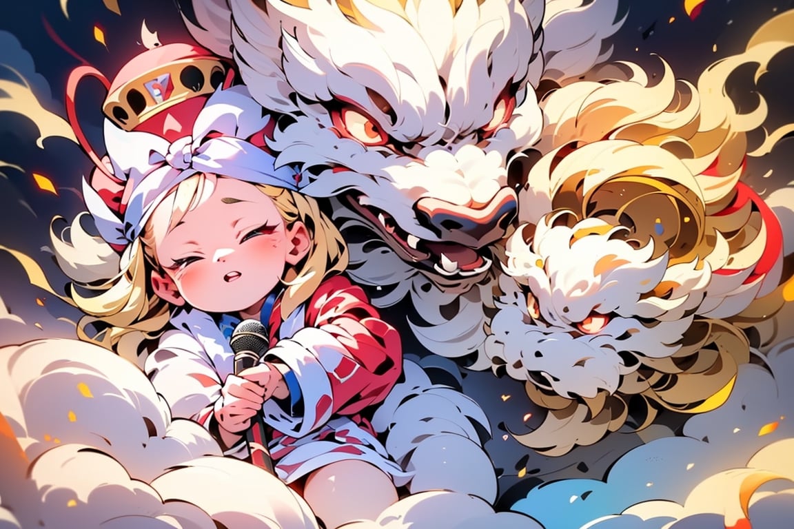 vtuber,Blonde girl,short hair,ruby-like eyes,red eyes,long red eyelashes,red lips, wearing a red snow hat with a white fur ball on the top,a purple starfish on the hat,white fur on the edge of the hat,and a red coat,coat with gold buttons,green skirt,green bow on the neck,green sneakers,gold laces,singing in front of microphone,holding a sleeping furry white cat,white cat wearing a pink bow on its head,surrounded by bubbles,shining point,concert,colorful stage lighting,no people,Tetris game background