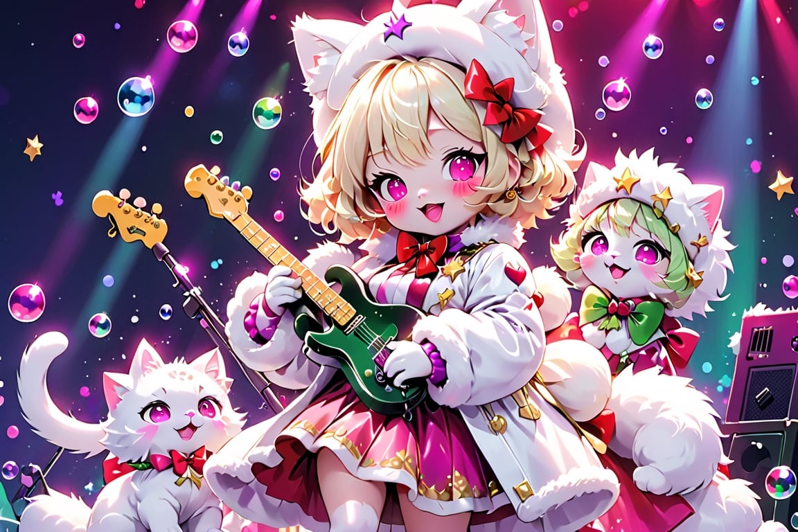 Blonde girls,playing electric guitar,short hair,red eyes,long red eyelashes,red lips,wearing a red snow hat with a white fur ball on the top,a purple starfish on the hat,white fur on the edge of the hat,and a red coat,coat with gold buttons,green skirt,green bow on the neck,green sneakers,gold laces, no gloves,singing in front of microphone,sleeping furry white cat audience,white cat wearing a pink bow on head,surrounded by bubbles,shining point,concert,colorful stage lighting,no people,Tetris game background,anime,latex princess