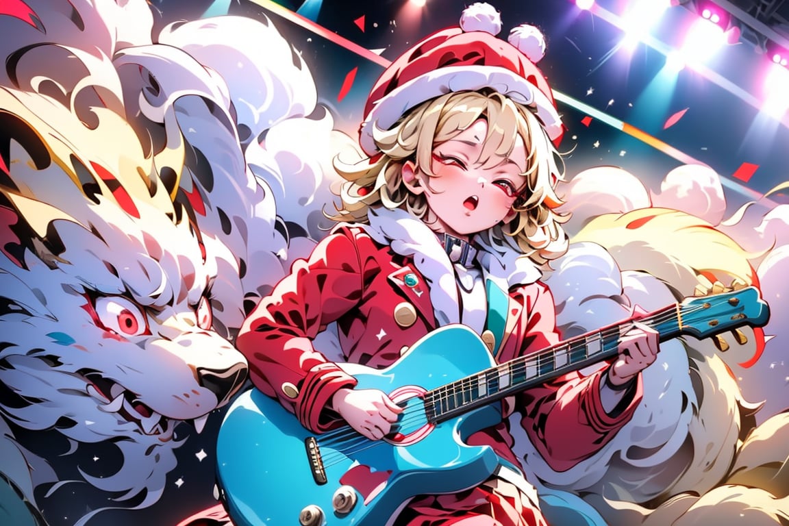 solo,Blonde woman,singing,playing electric guitar,short hair,red eyes,long red eyelashes,red lips,wearing a red snow hat with a white fur ball on the top,a purple starfish on the hat,white fur on the edge of the hat,and a red coat,coat with gold buttons,green skirt,green bow on the neck,green sneakers,gold laces, no gloves,singing in front of microphone,sleeping furry white cat audience,white cat wearing a pink bow on head,surrounded by bubbles,shining point,concert,colorful stage lighting,no people,electric guitar