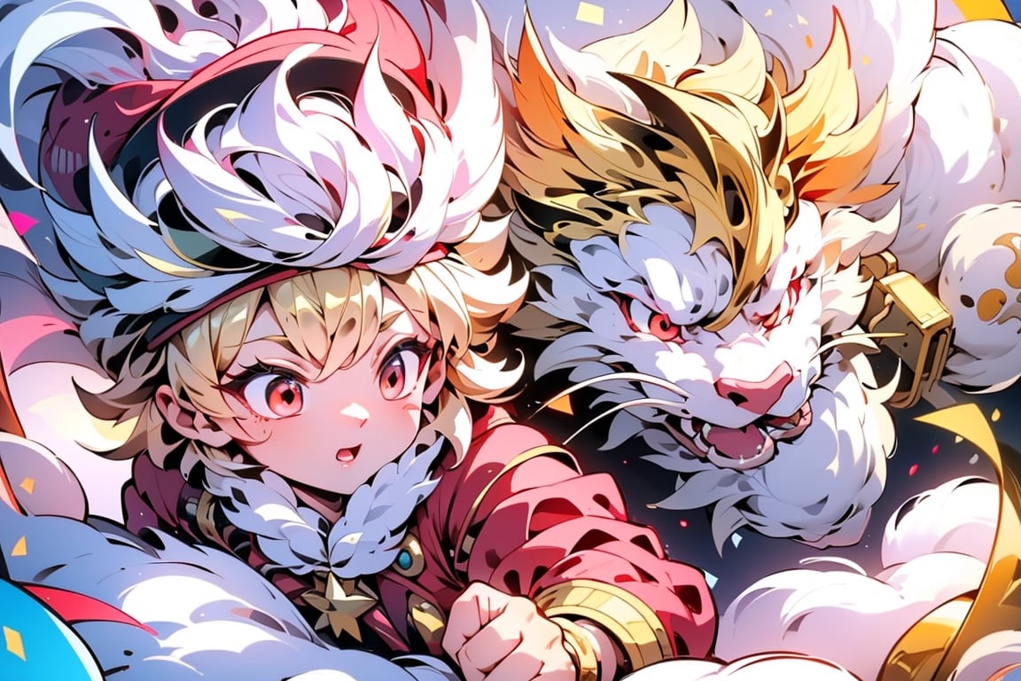 vtuber,Blonde girl,short hair,ruby-like eyes,red eyes,long red eyelashes,red lips, wearing a red snow hat with a white fur ball on the top,a purple starfish on the hat,white fur on the edge of the hat,and a red coat,coat with gold buttons,green skirt,green bow on the neck,green sneakers,gold laces,singing in front of microphone,holding a sleeping furry white cat,white cat wearing a pink bow on its head,surrounded by bubbles,shining point,concert,colorful stage lighting,no people,Tetris game background