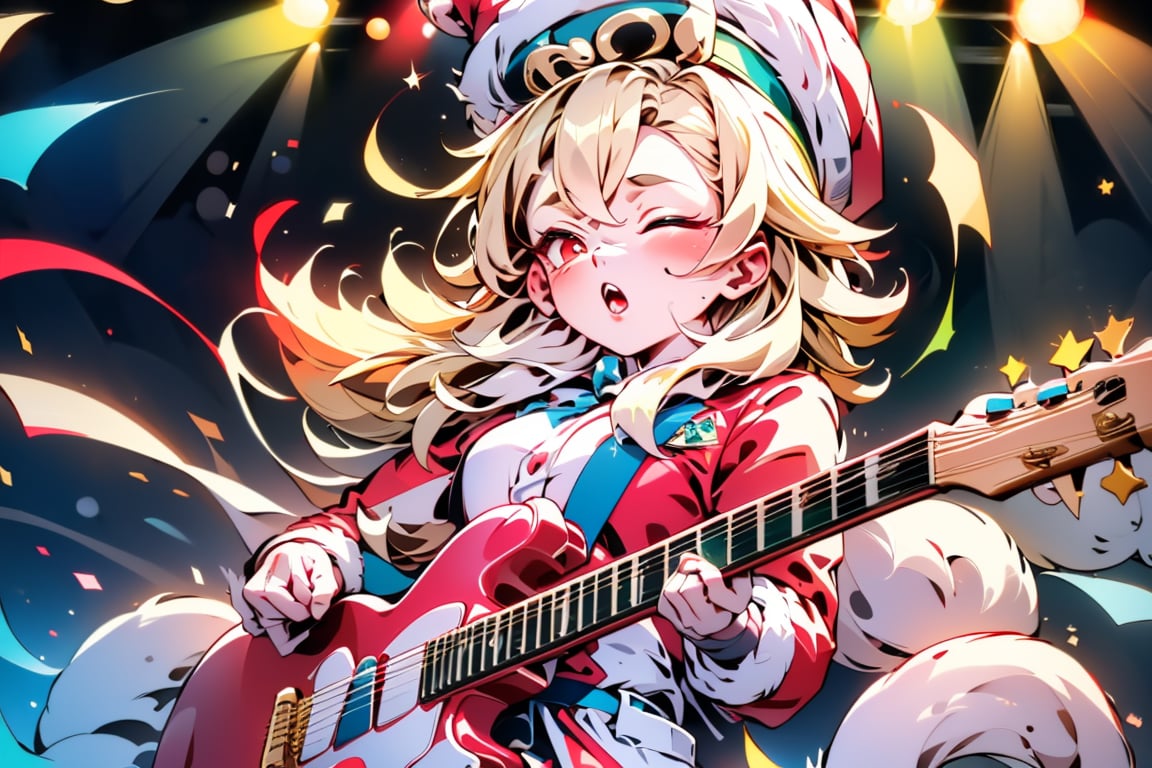 solo,Blonde woman,singing,playing electric guitar,short hair,red eyes,long red eyelashes,red lips,wearing a red snow hat with a white fur ball on the top,a purple starfish on the hat,white fur on the edge of the hat,and a red coat,coat with gold buttons,green skirt,green bow on the neck,green sneakers,gold laces, no gloves,singing in front of microphone,sleeping furry white cat audience,white cat wearing a pink bow on head,surrounded by bubbles,shining point,concert,colorful stage lighting,no people,electric guitar