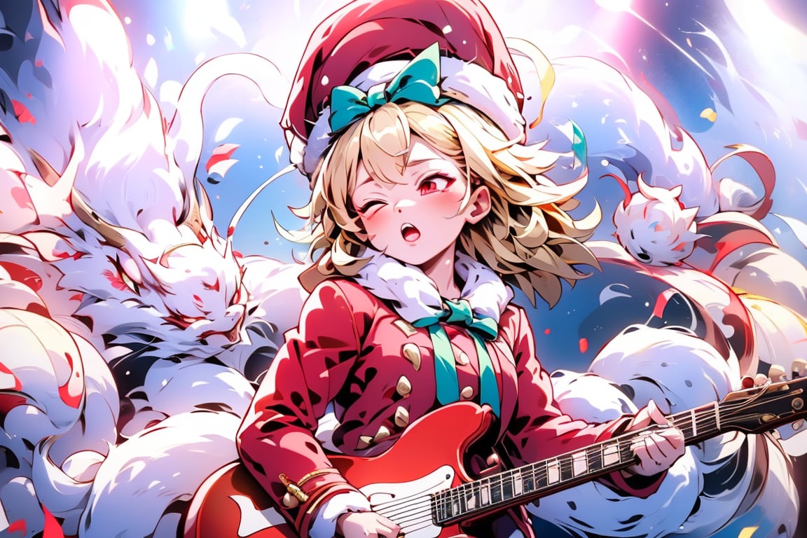 solo,Blonde woman,singing,playing electric guitar,short hair,red eyes,long red eyelashes,red lips,wearing a red snow hat with a white fur ball on the top,a purple starfish on the hat,white fur on the edge of the hat,and a red coat,coat with gold buttons,green skirt,green bow on the neck,green sneakers,gold laces, no gloves,singing in front of microphone,sleeping furry white cat audience,white cat wearing a pink bow on head,surrounded by bubbles,shining point,concert,colorful stage lighting,no people,electric guitar