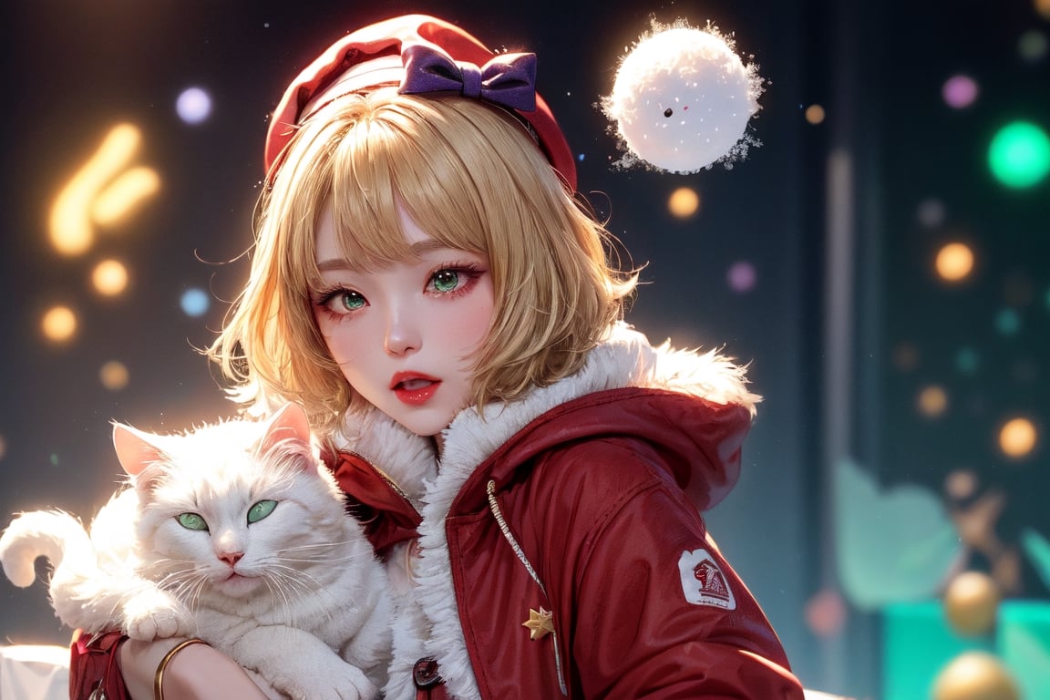 Blonde girl,short hair,red eyes,long red eyelashes,red lips, wearing a red snow hat with a white fur ball on the top,a purple starfish on the hat,white fur on the edge of the hat,and a red coat,coat with gold buttons,green skirt,green bow on the neck,green sneakers,gold laces, no gloves,singing in front of microphone,surrounded by sleeping furry white cat,white cat wearing a pink bow on its head,surrounded by bubbles,shining point,concert,colorful stage lighting,no people,Tetris game background