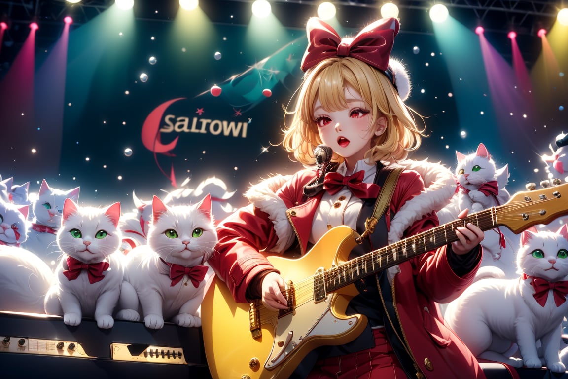 Blonde girl,singing,playing electric guitar,short hair,red eyes,long red eyelashes,red lips,wearing a red snow hat with a white fur ball on the top,a purple starfish on the hat,white fur on the edge of the hat,and a red coat,coat with gold buttons,green skirt,green bow on the neck,green sneakers,gold laces, no gloves,singing in front of microphone,sleeping furry white cat audience,white cat wearing a pink bow on head,surrounded by bubbles,shining point,concert,colorful stage lighting,no people,Tetris game background,anime