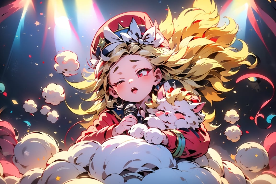 vtuber,Blonde girl,short hair,ruby-like eyes,red eyes,long red eyelashes,red lips, wearing a red snow hat with a white fur ball on the top,a purple starfish on the hat,white fur on the edge of the hat,and a red coat,coat with gold buttons,green skirt,green bow on the neck,green sneakers,gold laces,singing in front of microphone,holding a sleeping furry white cat,white cat wearing a pink bow on its head,surrounded by bubbles,shining point,concert,colorful stage lighting,no people,Tetris game background