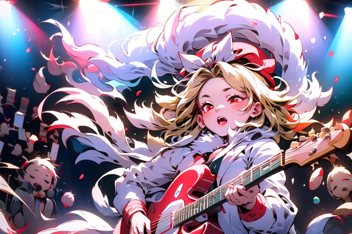 solo,Blonde woman,singing,playing electric guitar,short hair,red eyes,long red eyelashes,red lips,wearing a red snow hat with a white fur ball on the top,a purple starfish on the hat,white fur on the edge of the hat,and a red coat,coat with gold buttons,green skirt,green bow on the neck,green sneakers,gold laces, no gloves,singing in front of microphone,sleeping furry white cat audience,white cat wearing a pink bow on head,surrounded by bubbles,shining point,concert,colorful stage lighting,no people,electric guitar