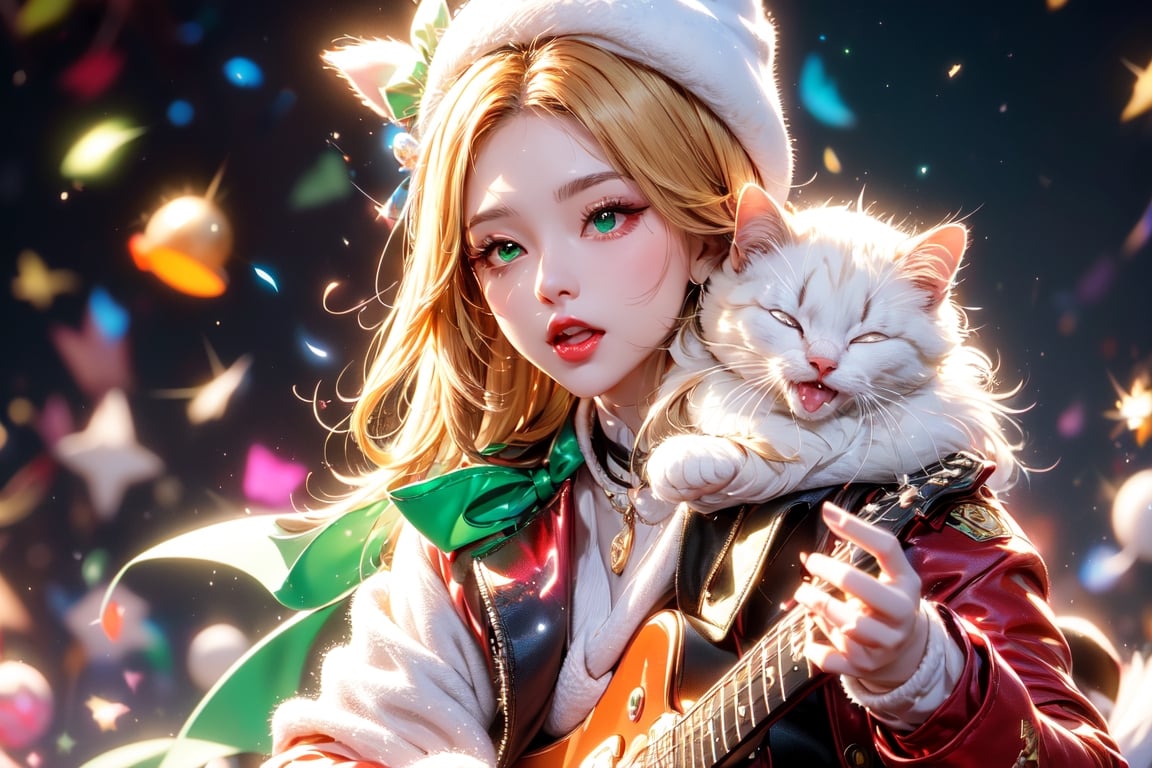 solo,Blonde woman,singing,playing electric guitar,short hair,red eyes,long red eyelashes,red lips,wearing a red snow hat with a white fur ball on the top,a purple starfish on the hat,white fur on the edge of the hat,and a red coat,coat with gold buttons,green skirt,green bow on the neck,green sneakers,gold laces, no gloves,singing in front of microphone,sleeping furry white cat audience,white cat wearing a pink bow on head,surrounded by bubbles,shining point,concert,colorful stage lighting,no people,Tetris game background