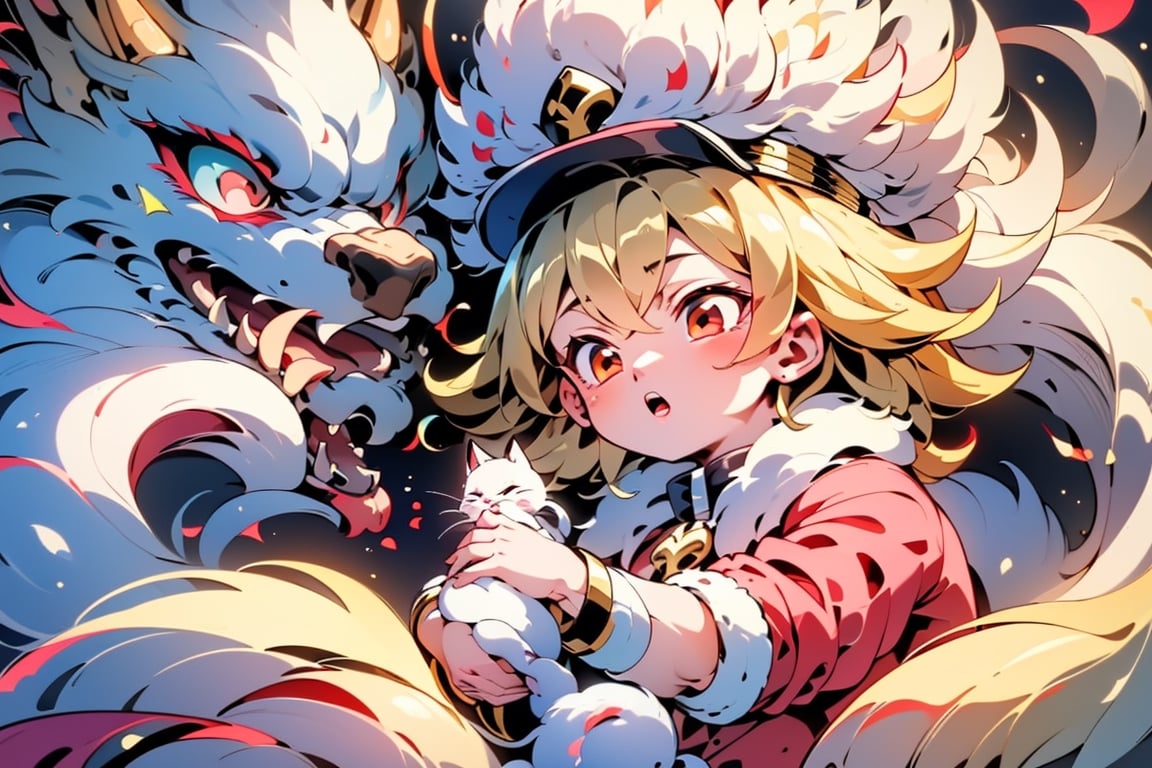 vtuber,Blonde girl,short hair,ruby-like eyes,red eyes,long red eyelashes,red lips, wearing a red snow hat with a white fur ball on the top,a purple starfish on the hat,white fur on the edge of the hat,and a red coat,coat with gold buttons,green skirt,green bow on the neck,green sneakers,gold laces,singing in front of microphone,holding a sleeping furry white cat,white cat wearing a pink bow on its head,surrounded by bubbles,shining point,concert,colorful stage lighting,no people,Tetris game background